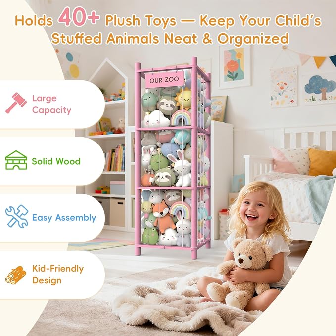 Stuffed Animal Storage Organizer, 53.5" Solid Wood Zoo Toy Holder for Kids Bedroom, Nursery & Playroom, Large Plush Toy Storage Holder, Holds 40 Plush Stuffed Animals, No-Tool Easy Assembly