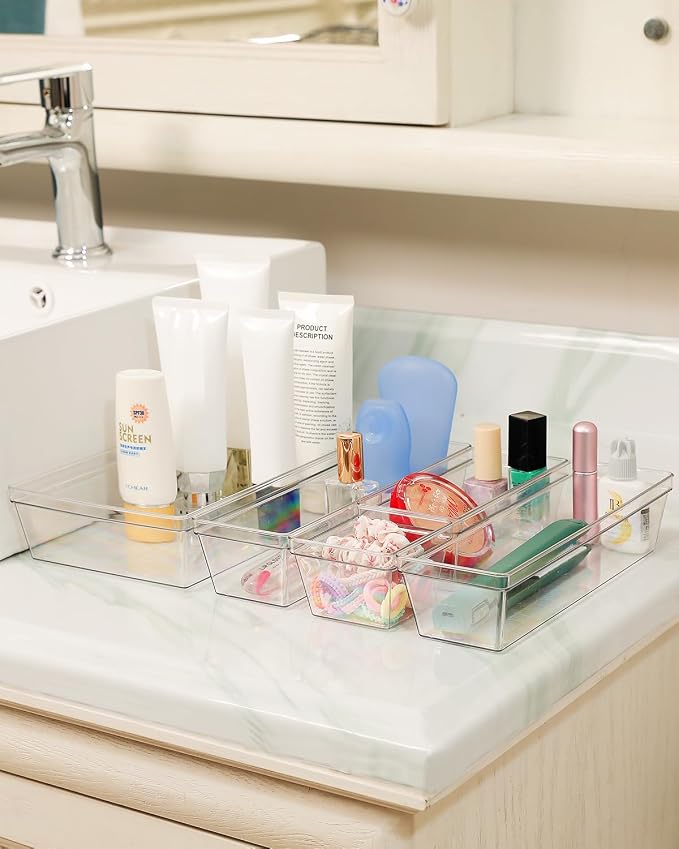 Clear Plastic Drawer Organizer Storage - 25Pcs 4 Size Desk Bathroom Kitchen Organizers and Accessories Office Organization, Vanity Stackable Drawers Bins Trays Containers Dividers Makeup Sets