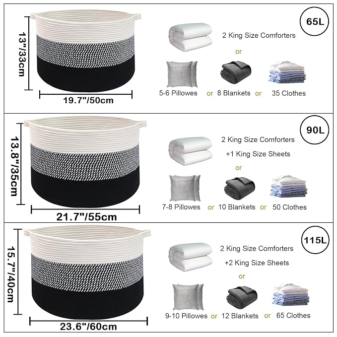 65L Large Blanket Basket,Woven Rope Laundry Basket Hamper with Handles,Decorative Nursery Basket Storage Bin for Toys, Pillows, Clothes Organizer, Living Room, Bedroom, Bathroom, Black