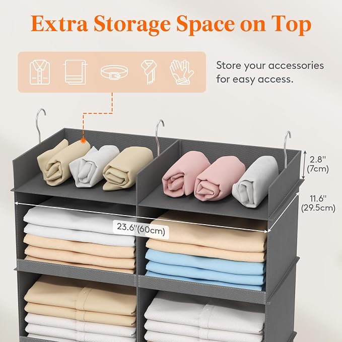 Lifewit Dual-Row 6 Tier Hanging Closet Organizer and Storage, Wide Clothes Storage Shelves with 3 Sturdy Hooks for Clothing Organization, Large Foldable Sweater Shelf for Bedroom, 12 Sections, Grey
