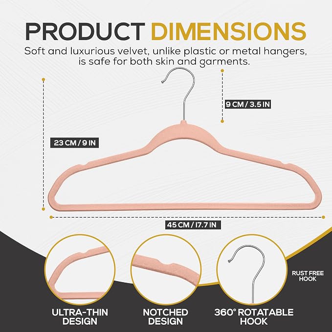 Techzoo 50 Pack New Premium Quality Velvet Hangers Ultra Thin Non Slip Adult Felt Space Saving Hangers for Closet Heavy Duty Coat Pants Jackets Dress Hangers 360° Swivel Hook Hold Upto 10lbs Rose Gold