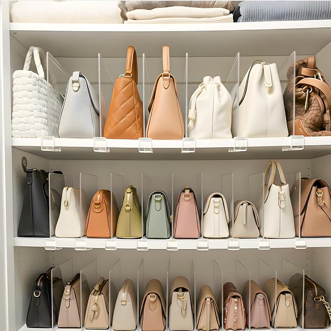 Purse Organizer for Closet Shelf Dividers: 11-inch Tall (Higher Version) Adjustable Clear Acrylic Bag Storage Organizer for Handbags, Sweaters, Towels, Jeans and Shoes on Wood Shelves 8-Pack