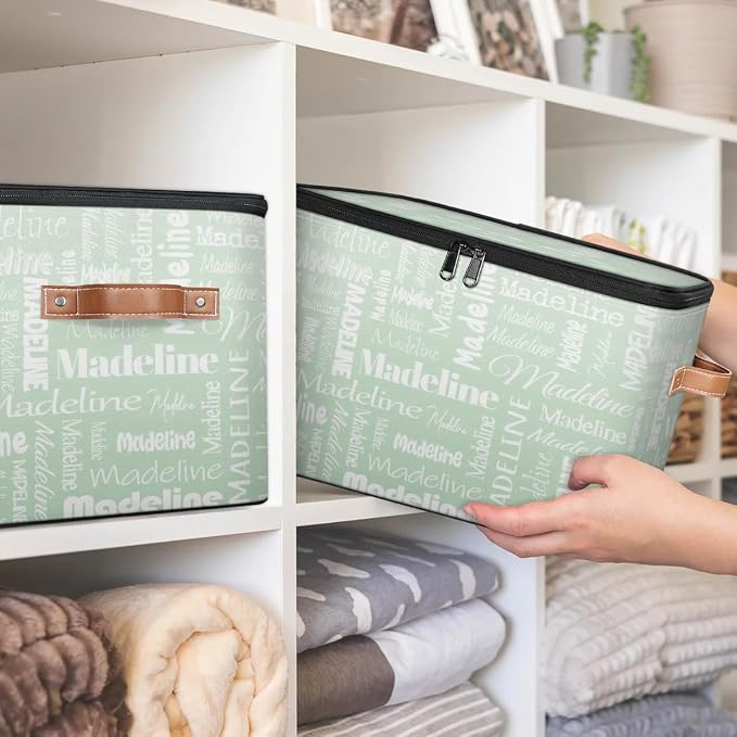 Custom Storage Basket with Name, Personalized Keepsake Box with Zipper Lid, Foldable Fabric Memory Bin Large capacity with Handle Green