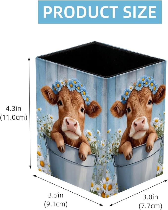 Pen Holder for Desk, Highland Cow Daisies Farmhouse Pencil Holder, Pen Cup Functional Desk Organizer for Office Supplies