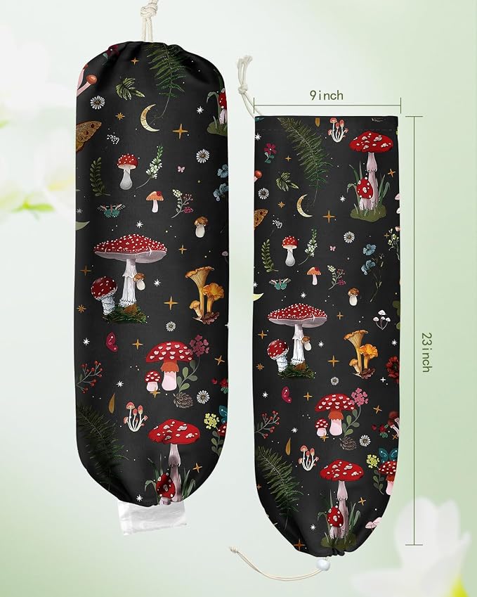 Plastic Bag Holder Organizer - 1 Pack Reusable Canvas Grocery Bags Holder Hanging Wall Cute Aesthetic Shopping Bag Storage Dispenser with Drawstring Closure for Kitchen Home, Mushroom
