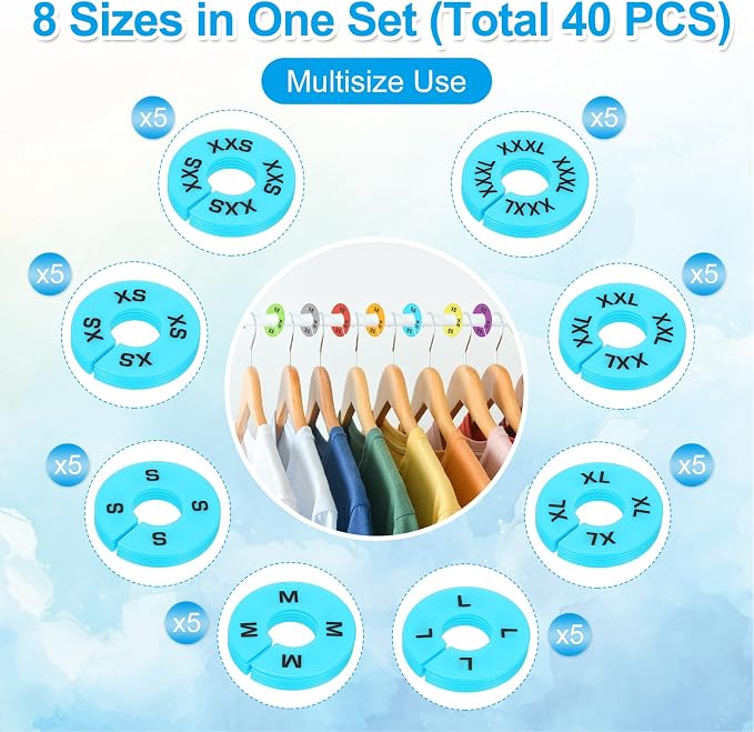 PATIKIL Clothes Dividers for Hanging Clothes, 40 Pack 8 Sizes Round Pre-written Clothing Rack Dividers Size Mark Label Sorting Separator for Closet, Sky Blue