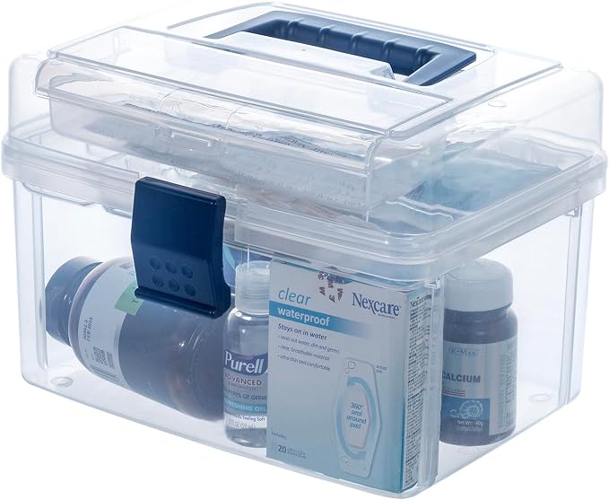 MyGift 10 Inch First Aid Clear Bin with Detachable Tray and Blue Quick Access Top Lid Flap, Portable Emergency Kit, Medical Supply Travel Tote, Medicine Storage Box Container (Navy)