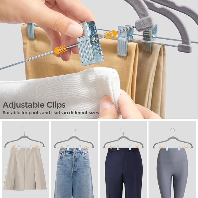 HOUSE DAY Velvet Hangers with Adjustable Clips 30 Pack, Non-Slip Suit Organizer with 360° Hook - Heavy Duty Hanger for Pants, Skirts, Blouses, Dresses - Outfit Hangers All-Season Space Saver (Grey)