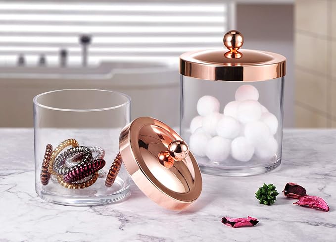 SheeChung 2-Pack Plastic Apothecary Jars with Rose Gold Metal Lids - 25oz & 15oz Clear Acrylic Qtip Holder Set - Shatterproof Bathroom Vanity Organizer for Cotton Balls, Swabs, Pads - Luxury Decor