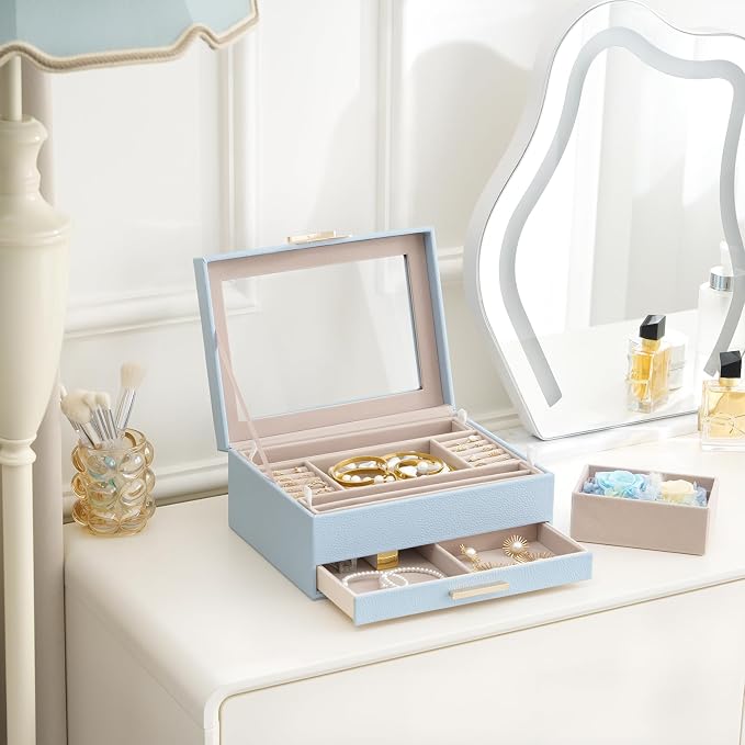 Lolalet Jewelry Organizer with Glass Lid, 2-Layer Jewelry Box Case with Drawer, Earrings Watch Ring Display Storage -Blue