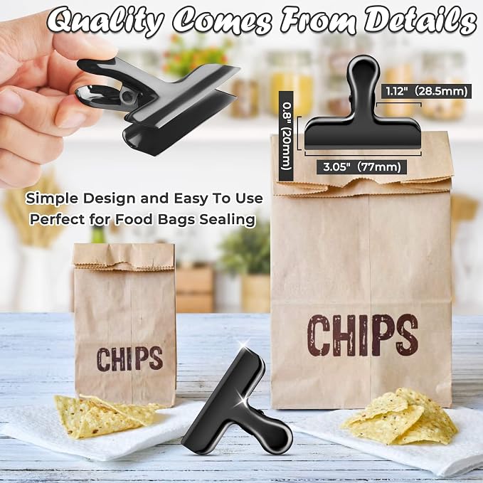 ANZNKU Chip Clips 12 Packs, Black Metal Bag Clips for Food Storage, Stainless Steel Food Clip for Bread Snack Coffee, Heavy Duty Chip Bag Clip for Kitchen Home Refrigerator & Office