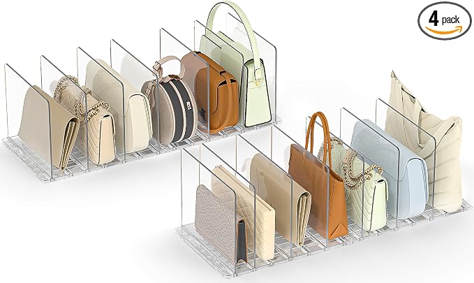 SortNStore Bag & Purse Organizer for Closet: Adjustable Clear Handbag Storage Shelf - Plastic Clutch Dividers for Closet Organizers and Storage - Keep Carteras & Pocketbook Upright