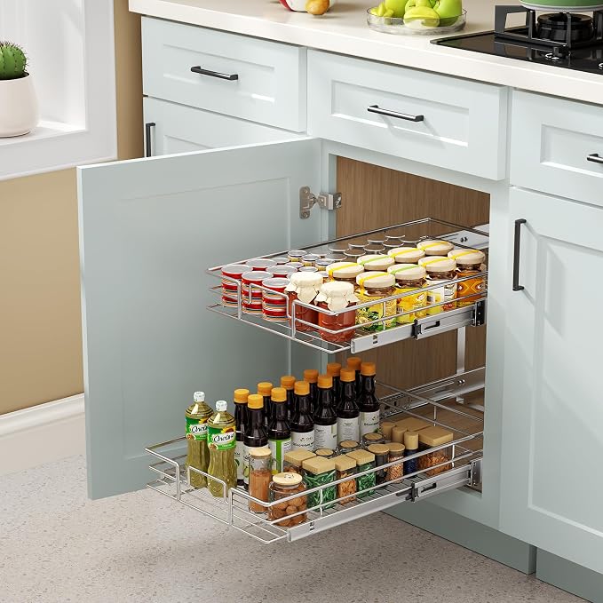 ROOMTEC Pull Out Cabinet Organizer (7½"W x 21½"D),2 Tier Pull Out Storage Shelf Drawer Basket,Sliding Shelves for Base Cabinet Organization in Kitchen, Bathroom, Pantry
