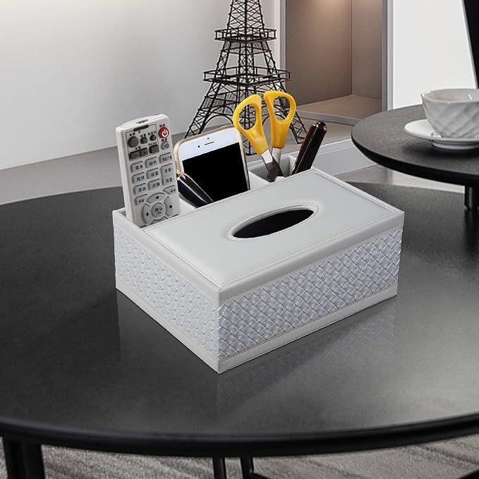 Tissue Box Cover Rectangle White Kleenex Box Holder PU Leather Facial Tissue Organizer,Multifunctional Remote Control Stationery Storage Box,Home Office Supplies Car Napkin Caddy