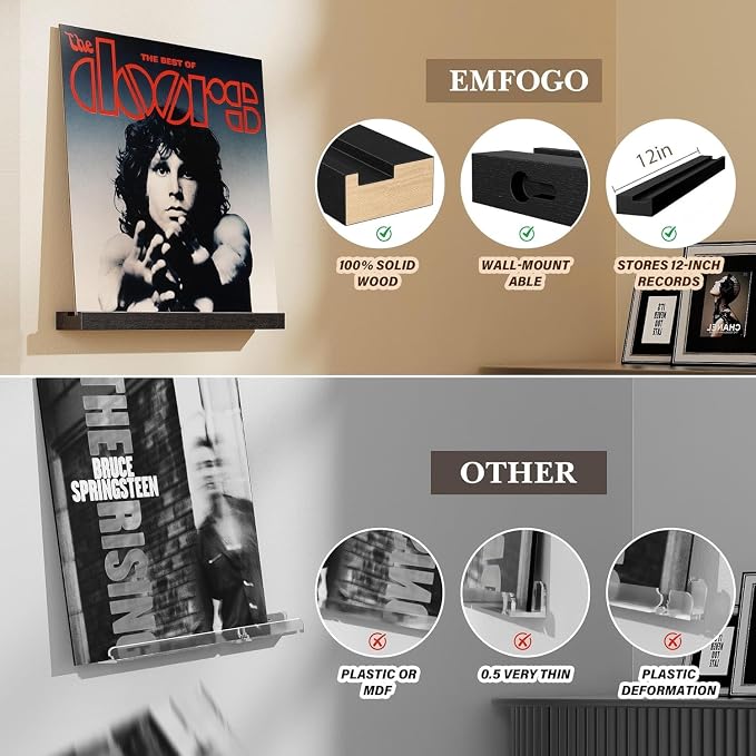 Emfogo Vinyl Record Shelf Wall Mount, 6 Pack Album Record Holder Wall, 12 inch Vinyl Record Storage Shelves Wall, Wood Record Display for Living Room(Black)