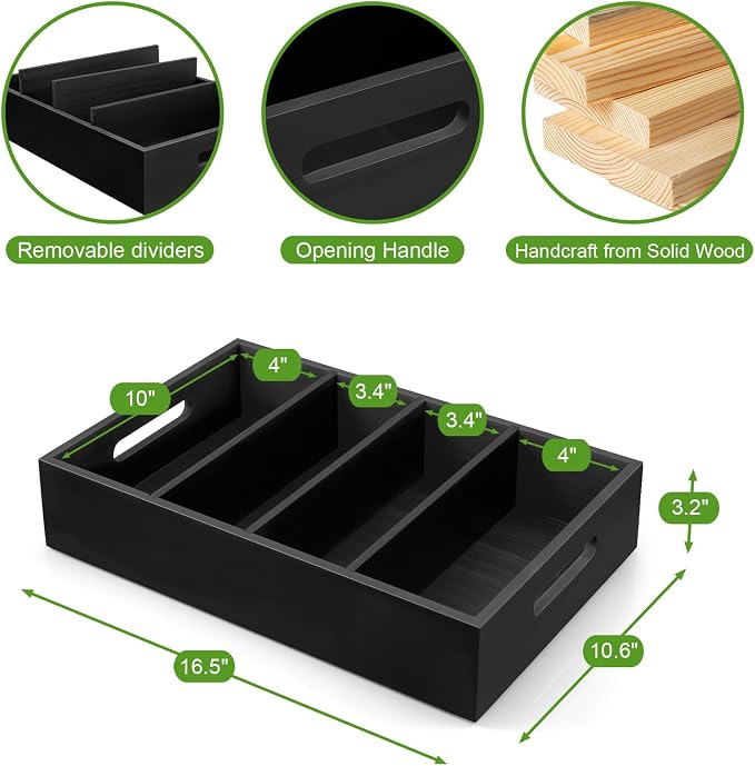 DRASTAR Pantry Organization and Storage Bins, Large Snack Organizer with Removable Dividers, Wooden Storage Caddy for Kitchen, Pantry, Cabinet, Countertop, Black