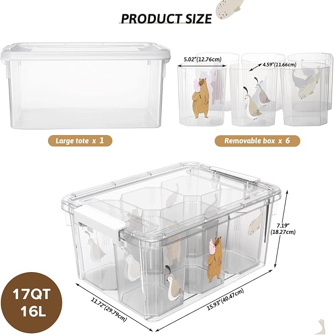 17QT Plastic Storage Bins with Lids - 1 Pack Art Craft Supply Organizer Box with Brush Pot for Kids, Stackable Clear Pen Container for Toy/Sewing/Comestic/Tool/Playdoh (1 Pack)