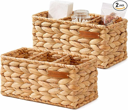Water Hyacinth Wicker Baskets for Storage, Handwoven Rattan Shelf Basket with 3 Divided Compartments for Organizing Pantry Closet Wardrobe, 100% Natural Decorative Woven Organizer Bin, 2 Pack