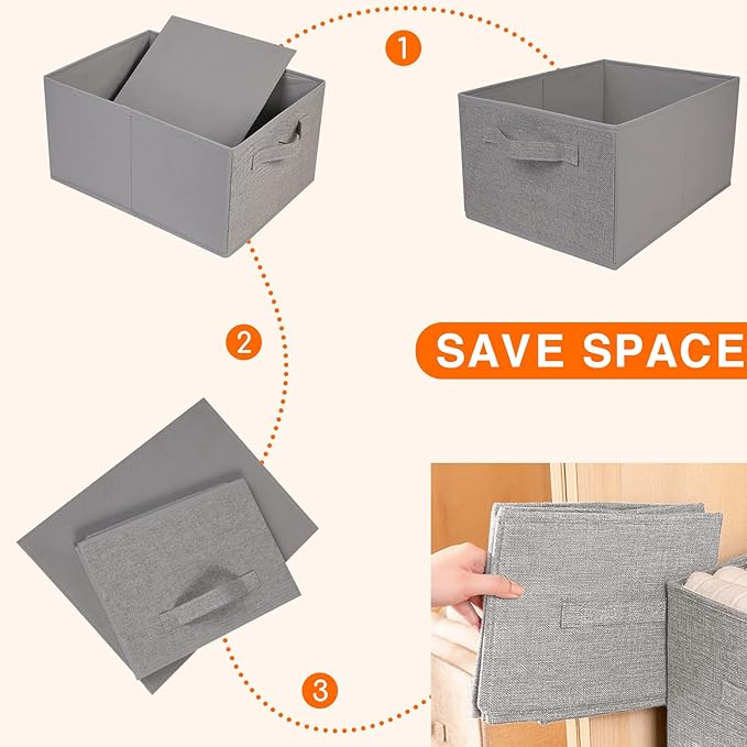 JAKAGO Fabric Storage Bins set of 4 Rectangle Storage Baskets with Handle Foldable Closet Organizer for Clothes Towel bedding Books Collapsible Clothing Container for Shelves Bedroom(Gray High)