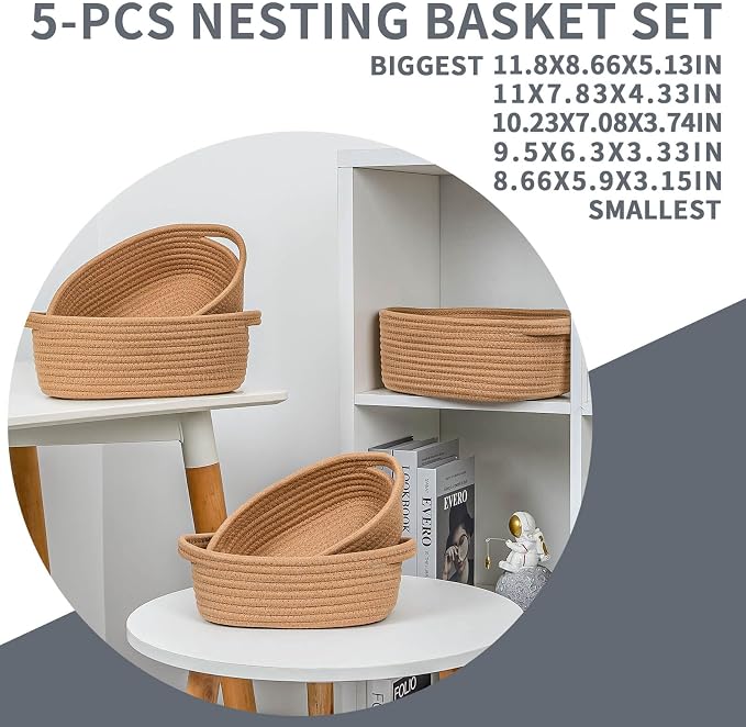 CubesLand Small Storage Basket Cotton Rope Organizer Baskets for Shelves | Set of 5 Decorative Closet Storage Bins with Handle for Countertop, Toilet Paper Basket for Toilet Tank Top, Brown Basket