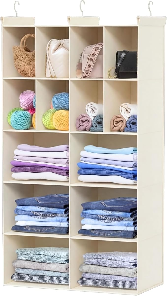 5 Tier Hanging Closet Organizer, 14 Compartments Dual Row Storage, Beige | Closet Organizers and Storage with Large & Small Cubbies, 3 Sturdy Hooks Support Heavy Loads, Ideal for Dorm, Garment Rack