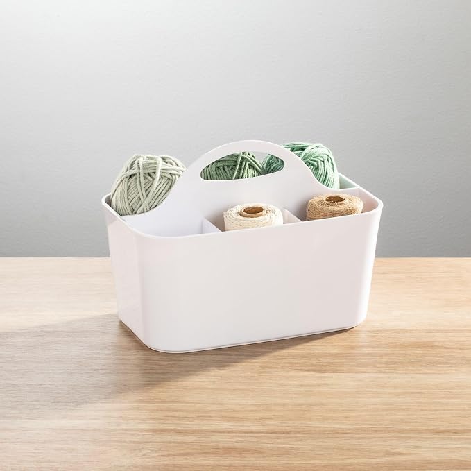 mDesign Plastic Portable Craft Storage Organizer Caddy Tote, Divided Basket Bin w/Handle - Craft, Sewing, Art Supplies - Holds Brushes, Colored Pencils - Lumiere Collection - White, 2 Pack
