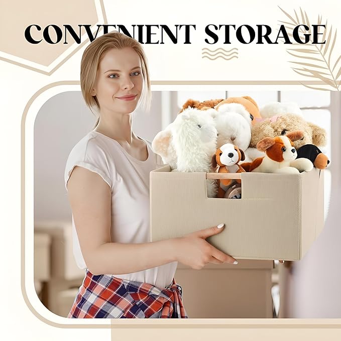 Cinnvoice 3 Pack Fabric Storage Bins for Closet Shelves, 15 x 10.6 x 6 Inch Beige Rectangle Wardrobe Organizer with Handle, Collapsible Shelves Storage Basket for Sorting Clothes and Toy