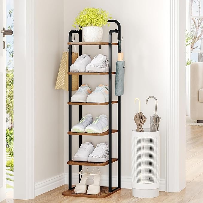 Hzuaneri 6 Tiers Vertical Shoe Rack, Narrow Shoe Tower, Tall Shoes Shelf with 2 Hooks, Adjustable Shelves, Corner Shoes Shelves for Small Spaces, Entryway, Living Room, Rustic Brown SR04201B