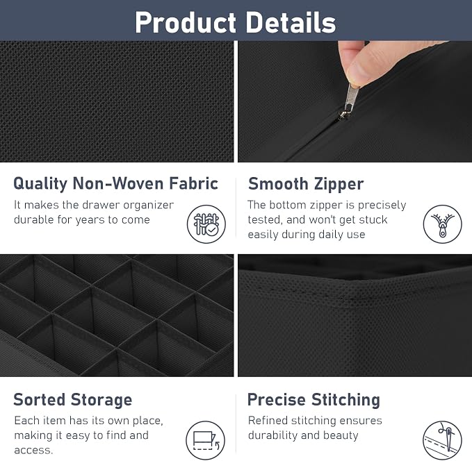 Joyoldelf Drawer Organizer 2 Pack - 40 Cell Closet Organizer for Socks, Underwear, Ties & More (Black)