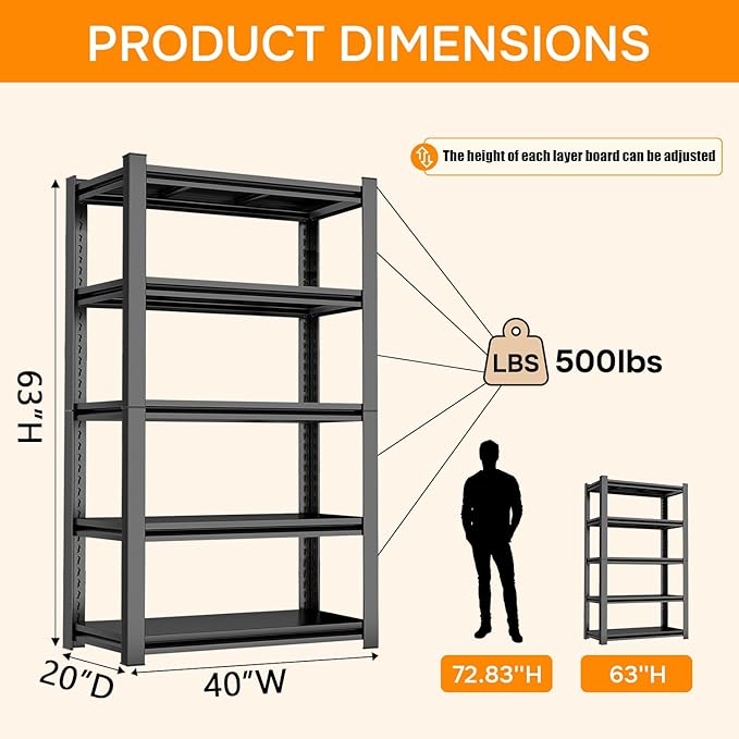 40" W*63" H Book Shelf，5 Tier Metal Wide Bookshelf，Heavy Duty Book Shelfs，Adjustable Shelving Unit，Tall Bookcase，Industrial Bookshelf for Living Room，Bedroom，Office and Library