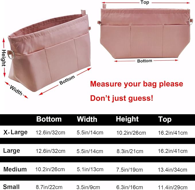 Handbag Tote Purse Organizer Insert, Large, Pink | Bag Divider Liner Shaper Separator in Bag with Zipper, 11 Pockets Compartments