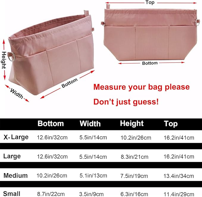 Handbag Tote Purse Organizer Insert, X Large, Pink | Bag Divider Liner Shaper Separator in Bag with Zipper, 11 Pockets Compartments