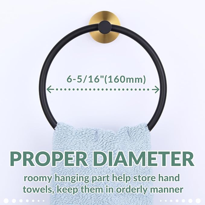 APLusee Black Gold Towel Ring for Bathroom Wall, Stainless Steel Hand Towel Holder, Wall Mounted