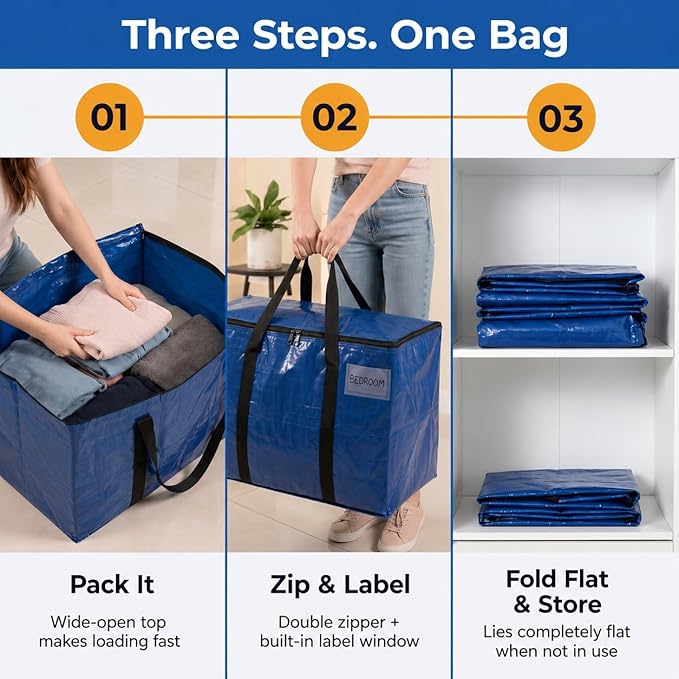 ClearSpace Heavy Duty Moving Bags or Storage Bag – Large Moving Boxes with Backpack Straps, Zippers & Handles – Perfect for Moving, College Dorm, Traveling, Camping, Christmas Decorations, 8 Pack
