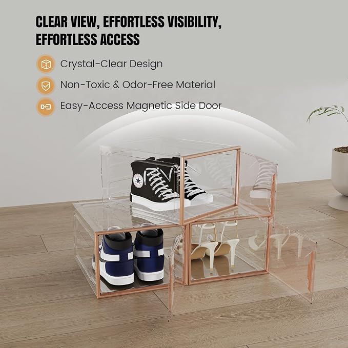 6 Pack Shoe Storage Box Organizer, Clear Thicken Stackable Plastic Shoe Boxes with Magnetic Door, Sturdy Shoe Containers for Sneakers Boots, Easy to Assemble, Fit up to US Size 12(13.2''x10.6''x7.5'')