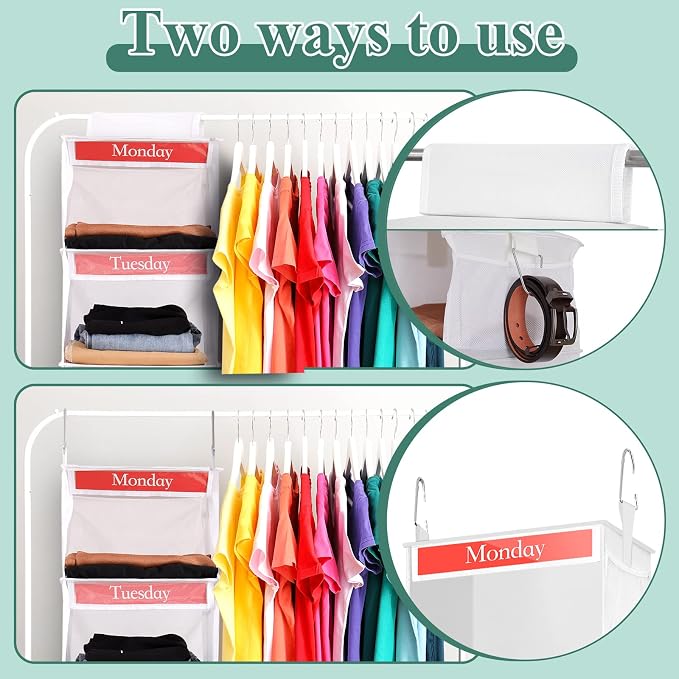 Amylove 2 Pack 6 Shelf Weekly Clothes Organizer for Kids with Side Pocket, 47 Inch Days of the Week Clothes Organizer, Monday to Friday Daily School Outfits Clothing Divider for Kids(White)