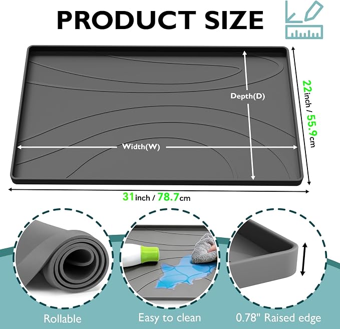 Under Sink Mat 31" x 22", Silicone Under Sink Liner for Kitchen and Bathroom, Waterproof Cabinet Protector Drip Tray, Protects Cabinets from Leaks and Spills