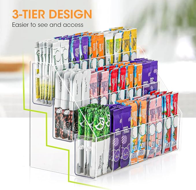 AIEVE Drink Packet Organizer with 15 Compartments, Water Packet Organizer for Water Flavor Drink Mix, Easy Assembly Acrylic Sugar Packets Holder for Cabinet Kitchen Storage Organization
