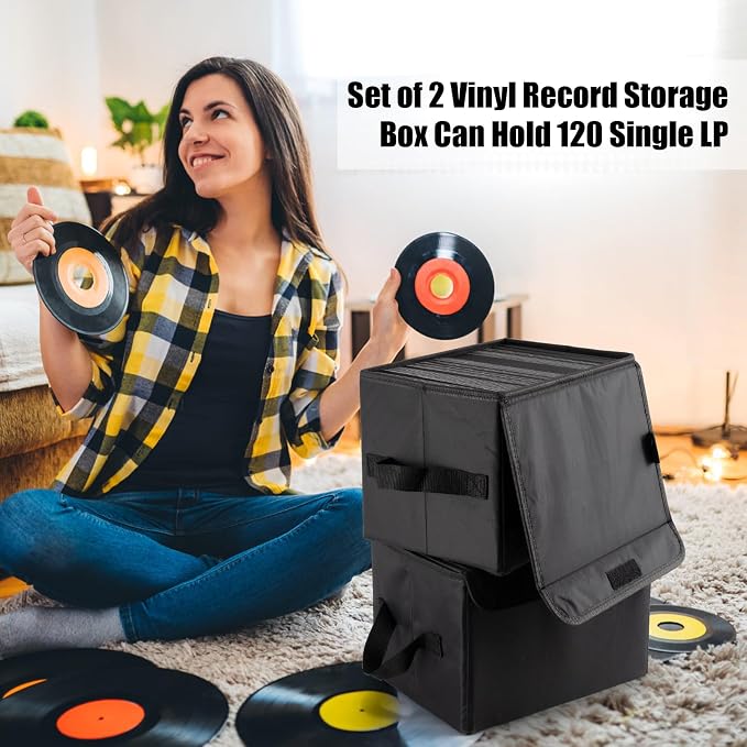 alavisxf xx 7-Inch Vinyl Storage Box, Set of 2 Stackable Case with Lid | Durable Nylon, Hold 120 Records(60 each), LP Record Organizer, Foldable, Portable Handles, for Home Office DJ Setups Travel