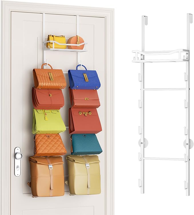 SWTYMIKI Over The Door Purse Organizer - Wall Mounted Purse Rack with 10 Hooks and Metal Basket, Handbag Hanger Organizer Holds up to 10 Bags, Bag Rack Can Use As 1/2 Part, for Door, Closet