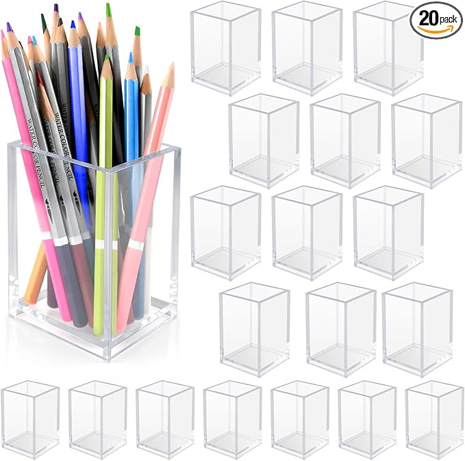 20 Pack Clear Acrylic Pen Holders For Desk, Pencil Cup Makeup Brush Holders | Square Acrylic Pen Cups For Pens, Markers And Makeup Brushes; Desktop Organizer For Office, School, Home And Vanity Supplies