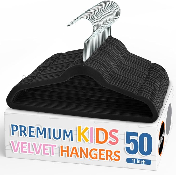 Smartor Premium 11 Inch Baby Hangers 50 Pack, Kids Velvet Hanger, Non Slip | Black Space Saving Felt Hangers Clothes Organizers for Closet with 360° Swivel Hook for Children, Infant & Toddler