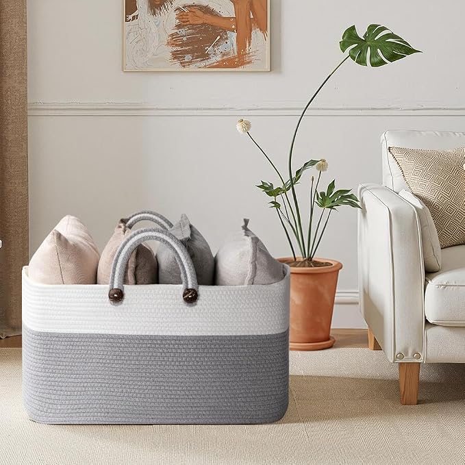 OIAHOMY 75L Large Blanket Basket, 22”x17”x12” Rectangle Woven Baskets For Storage, Nursery Blanket Storage Living Room, Toy Box With Long Handle-Gradient Grey With White