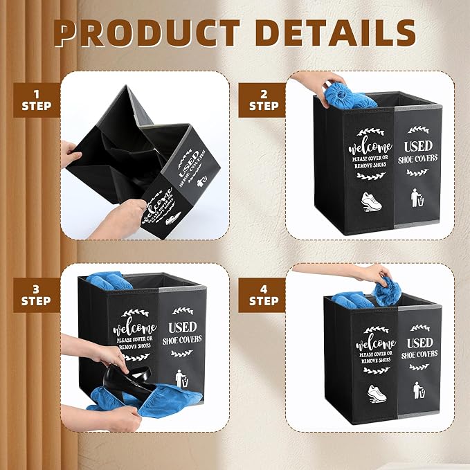 Shoe Cover Box Dispenser Foldable Storage Bin Holder with Used Shoe Covers and Welcome Please or Remove Sign for Open House Supplies (Black, Gray)