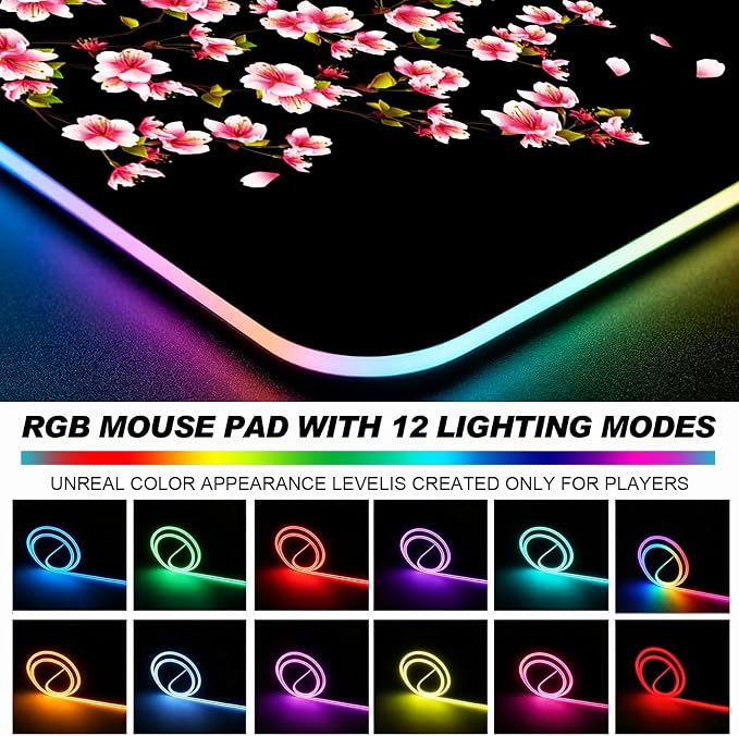 RGB Japanese Cherry Blossom Gaming Desk Mat, Computer Keyboard Large Extended Flowers LED Mouse Pad for Office and Home, 31.5×11.8 Inches, XL, Black