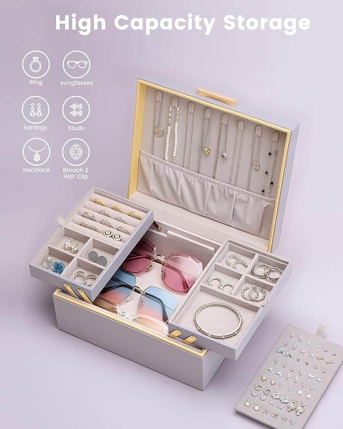 Lolalet Jewelry Box Organizer for Women Girls, 2 Layer Jewelry Organizers and Storage for Necklace Earrings Rings Bracelets, Large Jewellery Holder Case Birthday Gifts -HazePurple