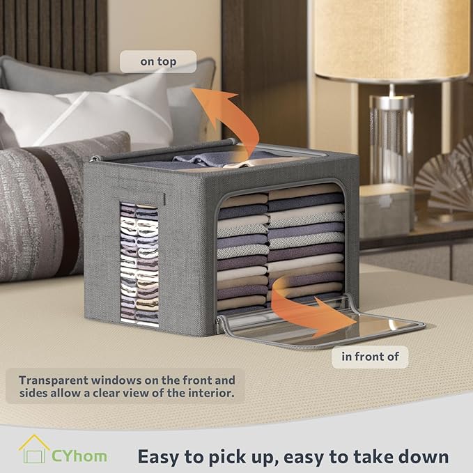 CYhom Clothes Storage Bins Box - Linen Fabric Foldable Stackable Container Organizer Set with Clear Window & Carry Handles & Metal Frame - 2Pack Large Capacity for Bedding, Blankets, Books