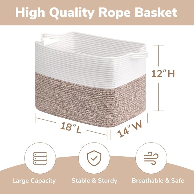 Goodpick Woven Baskets for Organizing, Rectangle Toy Baskets Storage Kids, Rope Storage Basket with Handles, Large Blanket Basket for Living Room, 18 x 14 x 12 Inches