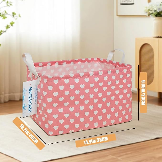 Rectangular Collapsible Storage Basket Nursery Organizer Pink Heart | Storage Bin Foldable Canvas with Handles for Organizing Home Kitchen Children Toys Office Closet Shelf Baskets