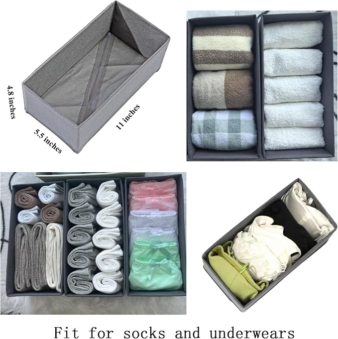 Bructhun Sock Drawer Organizer 6 Pack - Collapsible Fabric Storage Bins for Underwear Divider, Small Closet Organizers with 6 Compartments, Gray